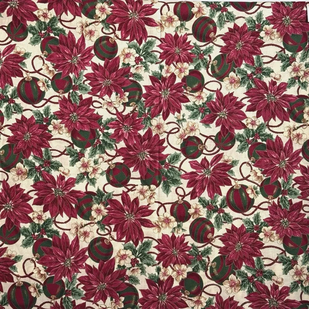 Christmas Poinsettia Ornaments Fabric Cranston Multicolor Metallic Gold Remnant